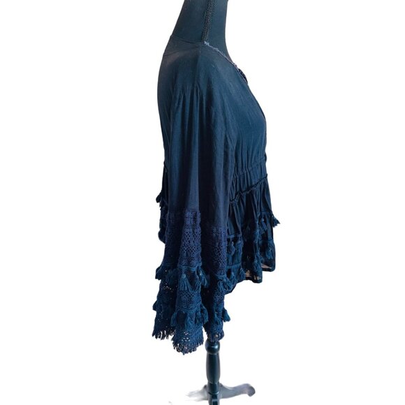 Bohemian Chic Laraethnics Black Cotton Tassel Crochet Top Blouse S/M Sustainable - Picture 3 of 13